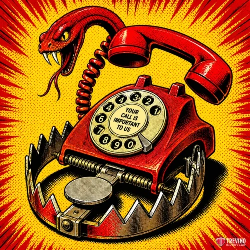 Why Do Commercial Trucking Insurers Call Immediately After a Truck Accident? A red rotary phone with the words "YOUR CALL IS IMPORTANT TO US" on its dial sits inside an open bear trap. The phone’s cord forms a menacing snake, its mouth open and fangs visible. The background is yellow with radiating red lines.