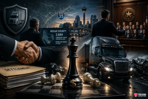Why Do Corporate Delivery Carriers Prefer to Settle Instead of Going to Trial?. A montage shows a handshake over “Settlement” folders, a chessboard with a dollar sign king piece, a semi-truck, a cracked road, a lawyer addressing a jury in court, and a cityscape with an I-35 sign, representing a truck accident legal case.