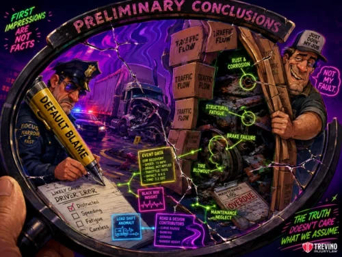 Why Do Insurance Adjusters Weaponize Police Reports After an Underride Collision? A cartoon shows a police officer blaming a truck driver for an accident, while an investigator uncovers hidden evidence like brake failure and rust behind a broken wall labeled “Preliminary Conclusions.” Text warns, “First impressions are not facts” and “The truth doesn’t care what we assume.”.