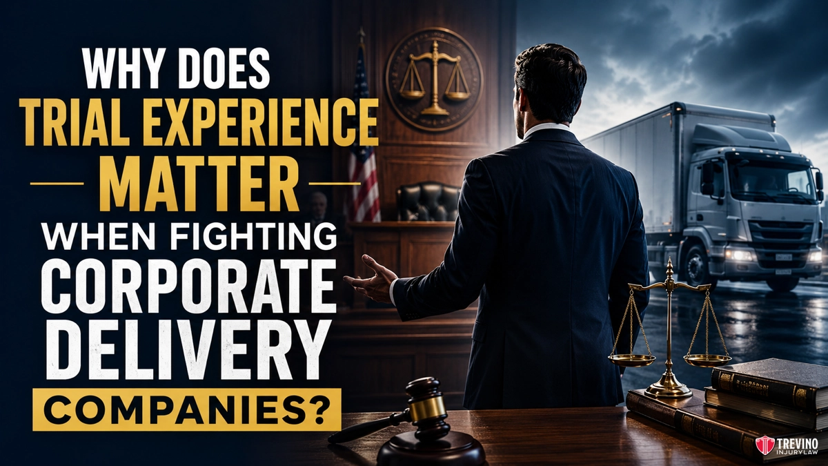 Why Does Trial Experience Matter When Fighting Corporate Delivery Companies in San Antonio?. A lawyer stands in a courtroom, facing a judge's bench and large scales of justice, with a truck visible through a window. Text reads: "Why does trial experience matter when fighting corporate delivery companies?.