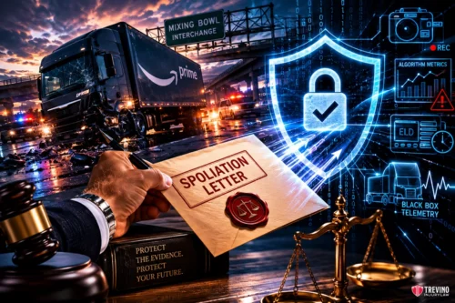 Why Does an Amazon Truck Accident Lawyer Draft a Spoliation Letter Immediately?. A hand holds a spoliation letter over law books and scales of justice. In the background, a crashed truck labeled "Prime" is at a wet highway scene. On the right, digital graphics show a lock shield and tech icons, symbolizing legal and technology intersection.