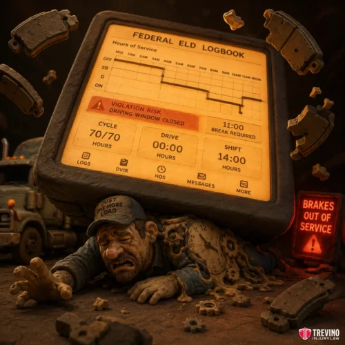 Why Is Federal FMCSA Regulation Compliance Crucial in Texas Truck Crashes? A weary truck driver slumps under a giant digital logbook showing hours logged and violation risk. Broken gears, clock parts, and brake pads surround him. A nearby sign reads "Brakes Out of Service." A semi-truck is in the background, and the scene is dimly lit.