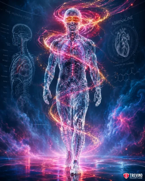 Why Is Immediate Medical Attention Critical Even If You Feel Fine? A glowing transparent human figure stands amid swirling neon pink and orange energy. "ADRENALINE" is written on a headband-like strip and background. Anatomical sketches, chemical formulas, and scientific text appear behind the figure, emphasizing biology and adrenaline.