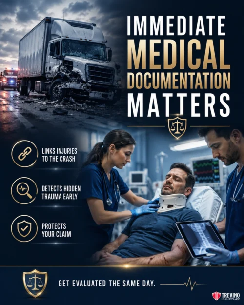 Why Is Immediate Medical Documentation Critical for a Commercial Liability Claim?. A large truck sits at a crash scene at dusk, its headlights on. Below, two medical staff attend to an injured man on a stretcher. Text highlights the importance of immediate medical documentation after an accident. Icons show benefits, and a law firm logo is visible.