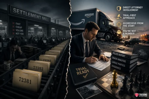 Why Should You Bypass High-Volume Settlement Mills for an Amazon Truck Accident Lawyer?. The image is split in two: left side shows a grim, crowded "Settlement Mill" office with files labeled by number, people looking unhappy. Right side shows a confident man at a desk labeled "Trial Ready," surrounded by legal documents, a damaged Amazon truck, and verdict icons.