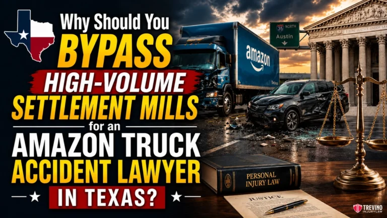 Why Should You Bypass High-Volume Settlement Mills for an Amazon Truck Accident Lawyer in Texas?. A damaged Amazon truck and a black car are crashed near a courthouse. A justice scale, law book, and gavel sit on a desk. Bold text asks why to bypass high-volume settlement mills for an Amazon truck accident lawyer in Texas. Texas map and highway signs are visible.