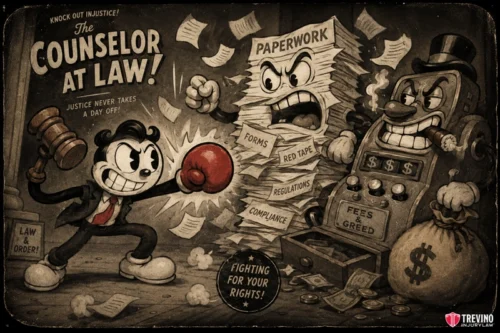 Why Should You Hire a San Antonio Trial Lawyer for a T-Bone Crash? A cartoon lawyer with a gavel and boxing glove punches a towering stack of angry paperwork labeled “Forms,” “Regulations,” and more, while a menacing slot machine labeled “Fees & Greed” spits out cash. Banner reads: “The Counselor at Law! Fighting for your rights!”.