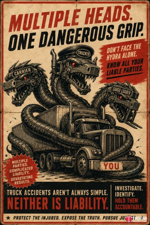 Why are commercial truck jackknife claims significantly more complex than standard car accidents? A vintage-style poster shows a truck with three hydra heads labeled “Trucker,” “Carrier,” and “Cargo Loader.” Text warns of complicated liability in truck accidents and urges readers to investigate and hold all parties accountable.