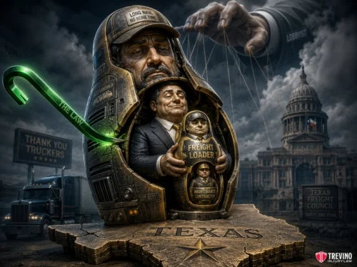 Why are commercial truck rollover lawsuits in Texas more complex than standard car accident claims? A set of Russian nesting dolls, labeled “Long Haul Truck Driver,” “Freight Loader,” and “Maintenance Contractor,” stand on a Texas map. A giant hand labeled “Lobbyist” manipulates strings above, with the Texas Capitol, a truck, and signs in the background.