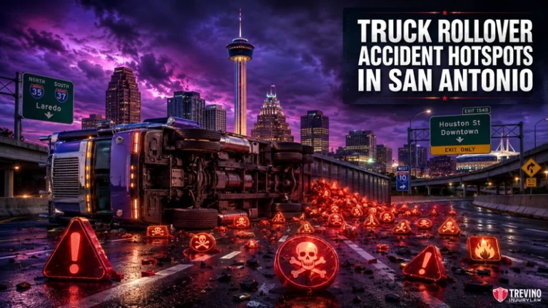 Truck rollover accidents San Antonio. A blue semi-truck lies overturned on a city highway at night, with glowing hazard and skull icons scattered around. The San Antonio skyline is visible, including the Tower of the Americas. Signs point to Houston St and Downtown. Text reads: “Truck Rollover Accident Hotspots in San Antonio.”.