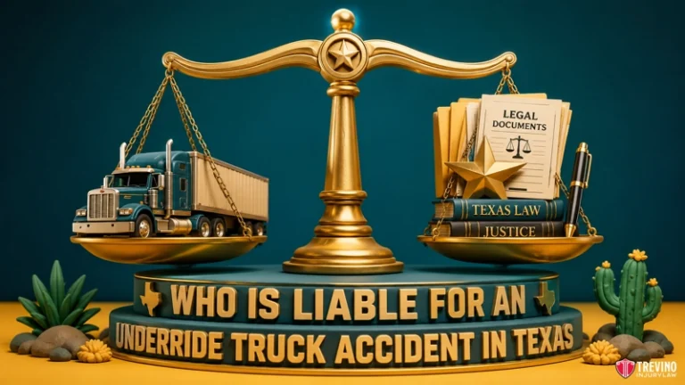 Who is liable for an underride truck accident in Texas. A golden justice scale balances a blue semi-truck on one side and legal books, documents, and a gavel on the other. The base displays the text “Who is liable for an underride truck accident in Texas.” Cacti and rocks decorate the scene.