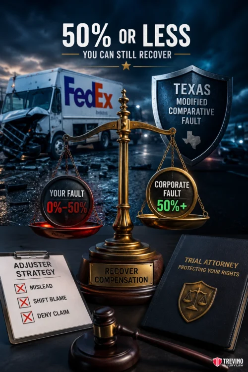 Can I Sue FedEx for Negligence If I Was Partially at Fault?. A scale balances "Your Fault 0%-50%" in red against "Corporate Fault 50%+" in green. Behind is a crashed FedEx truck. Text explains Texas Modified Comparative Fault and recovery of compensation. A notepad lists adjuster tactics; a trial attorney plaque is also shown.