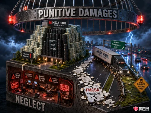 Can You Recover Punitive Damages Against a Negligent Trucking Company? A giant cage labeled “Punitive Damages” hovers over a scene. Left: A shiny MEGA HAUL building with “Profits Over Safety,” surrounded by warning signs and neglected hazards. Right: A crashed MEGA HAUL truck and cracked road with “FMCSA Violations.” Logo: Trevino Injury Law.