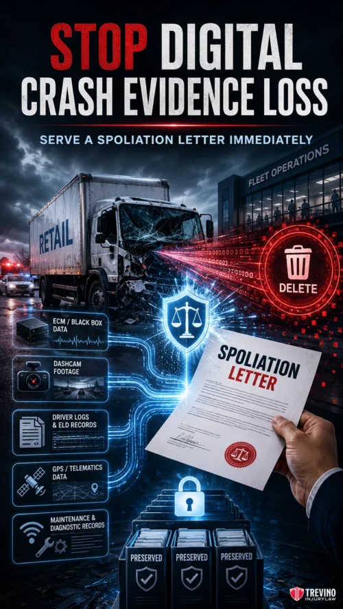 Crash Evidence. A damaged truck at night is shown with digital data icons, some marked “PRESERVED” and others linked to a red “DELETE” symbol. A hand holds a “SPOLIATION LETTER.” Text urges stopping digital crash evidence loss by serving a spoliation letter immediately.