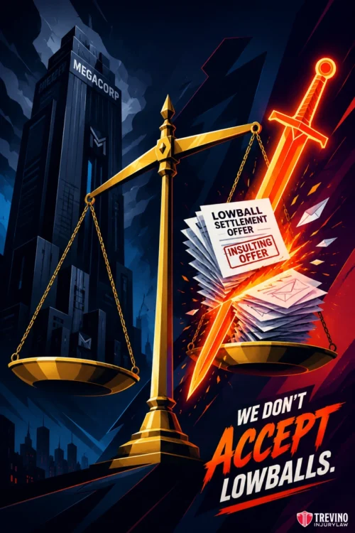 Do Head-On Truck Accidents Always Result in Higher Settlements Than Car Crashes? A golden scale stands before a dark city. Stacks of papers labeled “Lowball Settlement Offer” are pierced by a sword. The words “WE DON’T ACCEPT LOWBALLS” are bold at the bottom. A tall building labeled “MEGACORP” looms in the background.