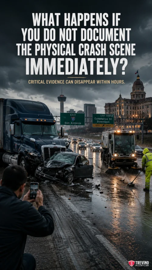 Do Not Document The Physical Crash Scene Immediately. A wet highway crash scene with a smashed car and a damaged truck. Someone photographs the wreckage in the rain. White text warns to document crash scenes immediately before evidence disappears. City buildings and road signs are visible in the background.