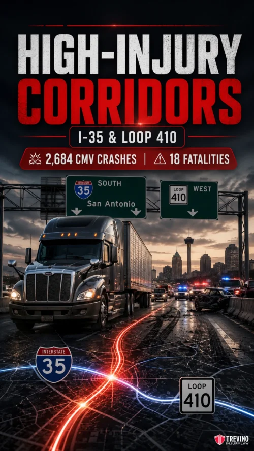 High-Injury Corridors Where Local Infrastructure Meets Corporate Logistics Pressure. A black semi-truck drives on a wet highway at dusk. Overhead signs read "South I-35 San Antonio" and "Loop 410 West." Text highlights 2,684 CMV crashes and 18 fatalities on I-35 & Loop 410. Neon lines and city skyline appear in the background.
