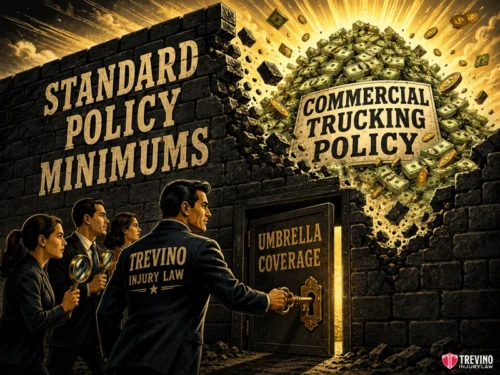 How Do Commercial Insurance Limits Affect a Head-On Collision Payout? Four people in suits labeled "Trevino Injury Law" examine a brick wall labeled "Standard Policy Minimums." One man unlocks a vault door marked "Umbrella Coverage." Behind the wall, gold and money burst from a sign reading "Commercial Trucking Policy.