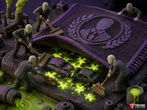 How Do Commercial Insurers Investigate T-Bone Accident Claims? Five faceless figures in suits sweep glowing green debris and two crashed cars under a large purple carpet featuring a generic portrait. The background shows factories emitting green smoke, emphasizing pollution and environmental concealment.