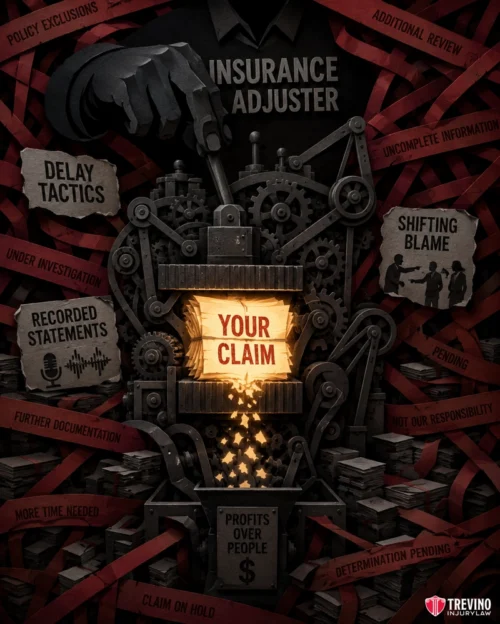 How Do Commercial Insurers Reduce Your T-Bone Compensation? A dark, mechanical machine labeled “Insurance Adjuster” restricts a glowing box labeled “Your Claim.” Surrounding it are signs of common obstacles like “Delay Tactics,” “Shifting Blame,” and “Profits Over People,” tangled in red tape representing barriers and bureaucracy.