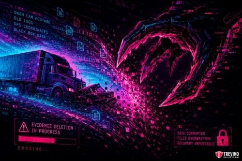 How Do Delay Tactics Hurt My San Antonio T-Bone Truck Claim? A large digital claw attacks a semi-truck, shattering data streams. On-screen warnings read “EVIDENCE DELETION IN PROGRESS” and “DATA CORRUPTED.” Digital debris, including GPS and dash cam footage, flies around amid a chaotic cyber-attack visual.