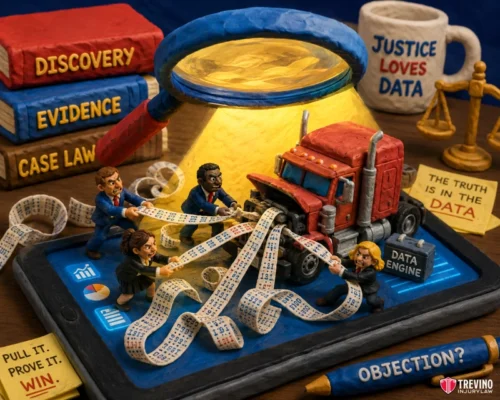 How Do Federal FMCSA Regulations Change the Evidence Needed? Four figures in suits pull printed data from a red semi-truck labeled “Data Engine” on a tablet. A magnifying glass, evidence boxes, a “Justice Loves Data” mug, and notes surround them. A yellow beam and measurement tape add emphasis.