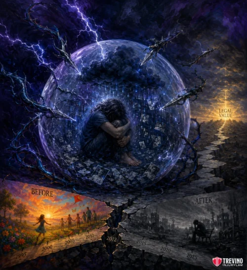 How Do Non-Economic Damages Address Your Pain and Suffering in South Texas Courts? A person sits curled up, framed by a cracked dome and storm clouds, with dark hands reaching in. The left shows a bright, happy family scene labeled “Before” (1995–2012); the right shows a ruined city labeled “After” (2015–2025). A cracked path divides the two.