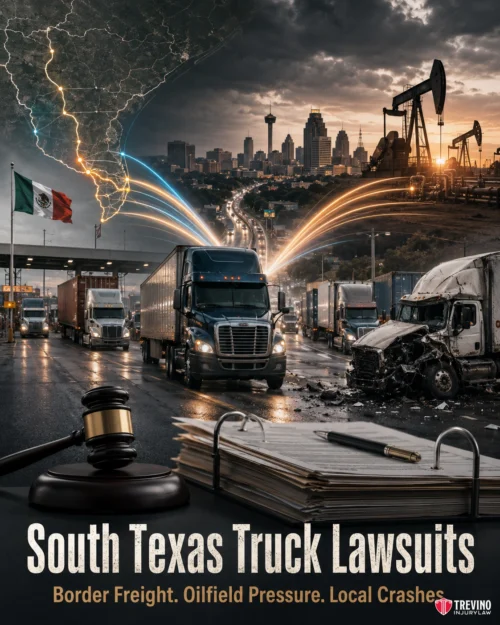 How Do South Texas Regional Factors Impact Local Commercial Truck Lawsuits. A collage shows trucks at a border crossing, oil pumps, a city skyline, and a truck crash scene. A gavel and legal documents are in the foreground. Text reads: “South Texas Truck Lawsuits. Border Freight. Oilfield Pressure. Local Crashes.”.