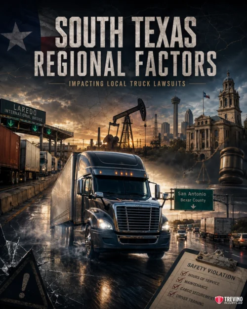 How Do South Texas Regional Factors Impact Local Commercial Truck Lawsuits?. An 18-wheeler truck drives on a wet road. Behind it are Texas landmarks, oil pumps, city buildings, and highway signs for Laredo and San Antonio. A safety checklist appears in front. Text reads: "South Texas Regional Factors Impacting Local Truck Lawsuits.