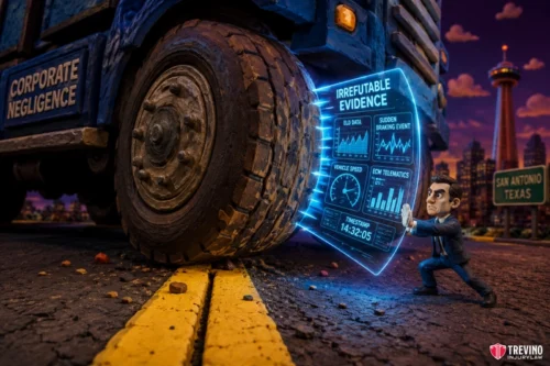 How Do You Prove the Commercial Driver Crossed the Center Line? A small, determined man uses a glowing holographic shield labeled "Irrefutable Evidence" to block the wheel of a truck marked "Corporate Negligence." The scene is set on a city street at night with a San Antonio, Texas sign and skyline in the background.