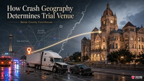 A nighttime scene shows a courthouse and a car-truck crash, with emergency vehicles present. A map of Bexar County and San Antonio overlays the image. Text reads: “How Crash Geography Determines Trial Venue.” The building is lit, and the sky is cloudy.