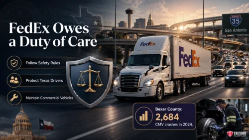 How Does FedEx Owe a Legal Duty of Care to San Antonio Drivers?. A FedEx truck drives on a busy highway near a San Antonio exit sign. Text reads, “FedEx Owes a Duty of Care.” Icons highlight safety, protecting drivers, and maintaining vehicles. A chart notes 2,684 Bexar County CMV crashes in 2024. Legal and Texas imagery appear.
