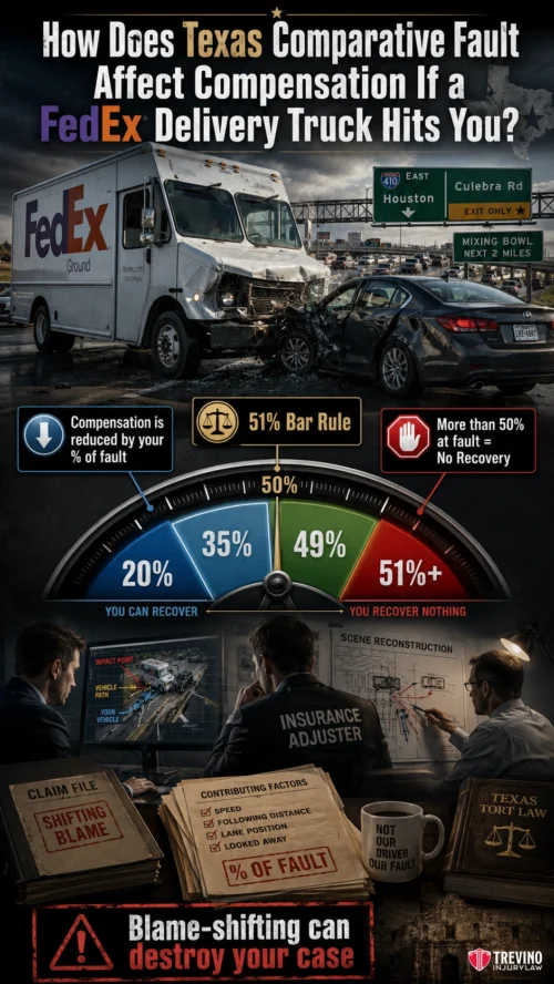 How Does Texas Comparative Fault Affect Compensation If a FedEx Delivery Truck Hits You?. A FedEx truck and car collide on a highway. A gauge shows "fault percentage" from 0-100%. At 0-50% at fault, compensation is allowed; above 50%, it's not. Graphics show insurance forms, adjuster, and caution that blame-shifting can ruin your case.
