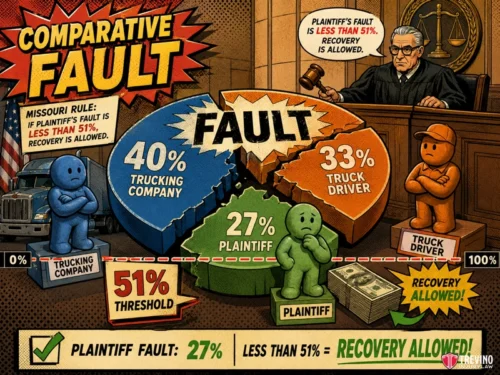 How Does Texas Proportionate Responsibility Apportion Fault? Illustration showing comparative fault in an accident: Trucking company 40% at fault, truck driver 33%, plaintiff 27%. Judge presides over case. Plaintiff’s fault is less than 51%, so recovery is allowed. Infographic uses pie chart, icons, and bold text.