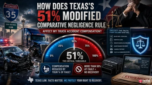 How Does Texas’s 51% Modified Comparative Negligence Rule Affect My Truck Accident Compensation?. Infographic explaining Texas’s 51% modified comparative negligence rule for truck accidents. It features a truck crash, legal icons, a judge, a compensation meter, and text detailing loss of compensation if over 50% at fault. Blue and red color theme.