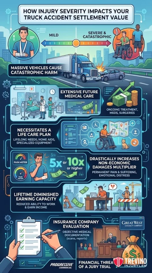 How Does The Severity Of Your Injuries Impact Your Commercial Truck Accident Settlement Value?. Infographic on truck accident settlements: severe injuries lead to higher costs—future medical care, lost earning ability, more non-economic damages, increased insurance involvement, and potential jury trial, illustrated with people, vehicles, and medical icons.