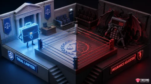 How Does Trevino Injury Law Fight the Insurance Adjuster to Prove Fault? A 3D split scene: Left, a courthouse with a glowing blue trial lawyer; right, a red-lit ring with a sinister insurance adjuster holding a calculator and flanked by dark wings. Each side has related legal symbols and labels.