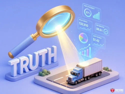 How Does Trevino Injury Law Use This Evidence Against Negligent Trucking Companies? A 3D illustration shows a magnifying glass highlighting the word "TRUTH" beside a semi-truck on a road. Floating data charts display fuel efficiency, miles driven, on-time rate, and cost per mile. Treviño Injury Law logo appears in the lower right corner.