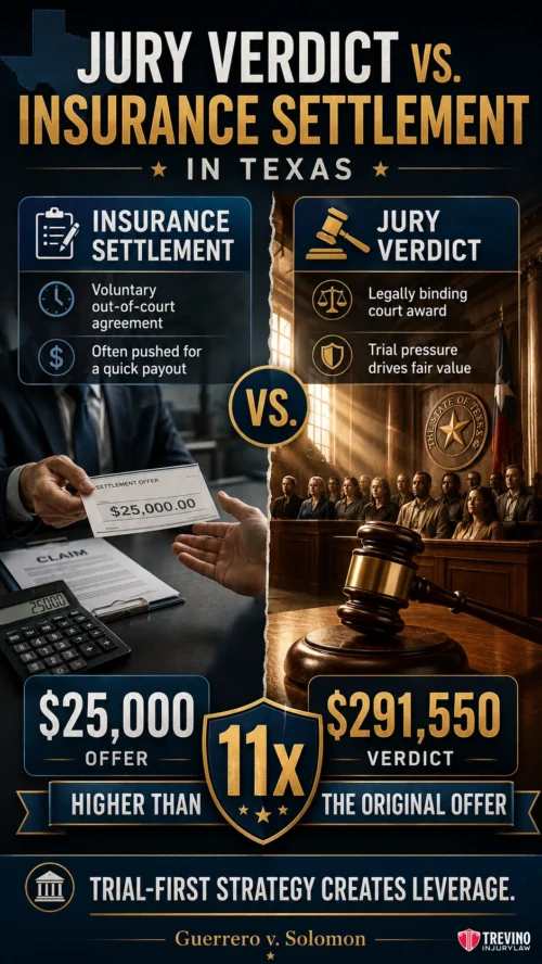 How Does a Jury Verdict Differ From an Insurance Settlement in Texas?. Infographic comparing Texas insurance settlements and jury verdicts. Shows a $25,000 offer vs. a $291,550 verdict, emphasizing that verdicts are 11 times higher. Includes images of cash, a courtroom, and scales of justice, with text explaining each process and its advantages.