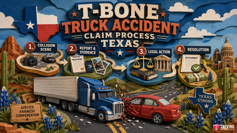 How Does a T-Bone Truck Accident Claim Work in Texas? Illustration of a truck T-boning a car in Texas. Steps in the claim process: 1. Collision scene, 2. Report & evidence, 3. Legal action, 4. Resolution. Texas landmarks and legal symbols appear, with bright colors and a cut-paper style.