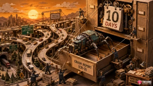 How Does the Police Investigation Work for Major San Antonio Highway Crashes? A detailed diorama features winding highways, road signs, and a broken truck inside a giant file drawer labeled “Crash Report (CR-3).” Above, a sign reads “10 Days.” Tiny figures and gears surround the scene, all crafted from paper and cardboard materials.
