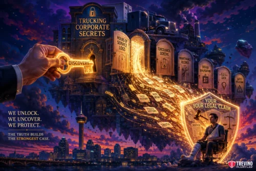 How Is Fault Investigated During a Commercial Truck Lawsuit? A large hand holding a golden key labeled “DISCOVERY” unlocks a door labeled “Trucking Corporate Secrets,” releasing glowing files to a man in a wheelchair below. Floating folders are labeled evidence types; city skyline and Trevino Injury Law logo are in the background.