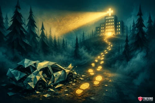 How Long Do You Have to Go to the Hospital After a Commercial Truck Accident in Texas? A crashed, angular car lies in a dark forest. Glowing golden footprints lead from the wreck toward a distant, bright hospital on a hill, illuminated by a cross-shaped light. The path cuts through fog, symbolizing hope and rescue.