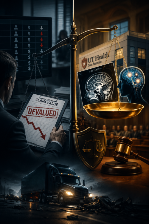 How Long Does It Take to Settle a Commercial Claim Against FedEx?. A man at a desk holds a clipboard reading “Claim Value Devalued” beside a scale balancing a brain scan and money, gavel, shield, and a courthouse. A dark highway with a truck appears below, with a hospital and UT Health San Antonio in the background.
