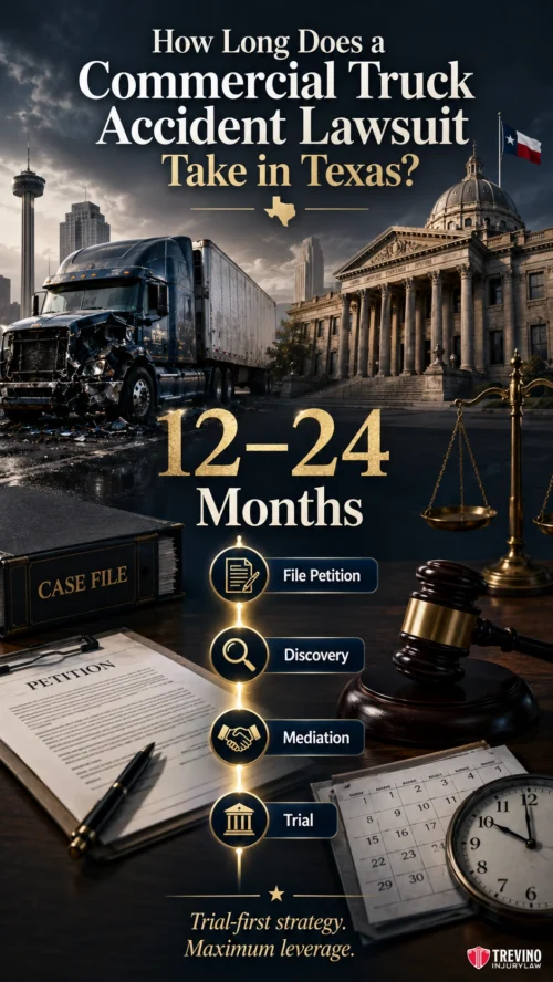 How Long Does a Commercial Truck Accident Lawsuit Take in Texas?. A visual infographic shows a truck accident scene, a courthouse, and legal symbols. Text explains that a commercial truck accident lawsuit in Texas takes 12–24 months, outlining steps: file petition, discovery, mediation, and trial. Legal items and a clock are displayed.