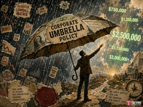 How Much Are Most Truck Accident Settlements in Texas? A person holds a giant umbrella labeled "Corporate Umbrella Policy" amid a storm of denied claims, financial losses, and falling stock numbers, while large green dollar amounts float above. The sky is dramatic, and headlines note the unfair, rigged game of the financial system.