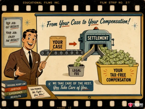 How Much Do Lawyers Take From a Settlement in Texas? Cartoon man gestures to a chart reading “Your Case” on a conveyor belt heading to a “Settlement” machine, which dispenses cash into a large bin labeled “Your Tax-Free Compensation.” Legal fees are shown. Text promotes legal services.