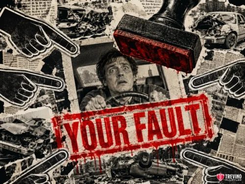 How do commercial insurers use the severity of the crash to shift blame? A distressed man grips a steering wheel amid car wreckage. Large red text reads "YOUR FAULT." Black hands point at him; a red stamp and newsprint background emphasize blame. The Trevino Injury Law logo is in the lower right corner.