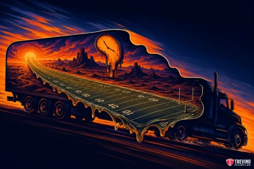 How does highway speed compound the danger of a T-bone truck accident? A black semi-truck's trailer appears melted, revealing a desert landscape inside with a melting clock, a glowing sun, and a football field that stretches into the horizon. The scene is surreal, with warm orange and yellow tones dominating the image.