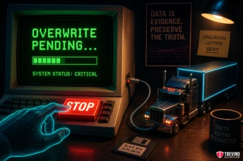 I Need Help Understanding How to Request Truck Black Box Data. A glowing hand reaches to press a red STOP button on a retro computer showing "OVERWRITE PENDING... SYSTEM STATUS: CRITICAL." Nearby are a toy semi-truck, a “Black Box ECM Data” device, files, and signs stressing the importance of preserving data.
